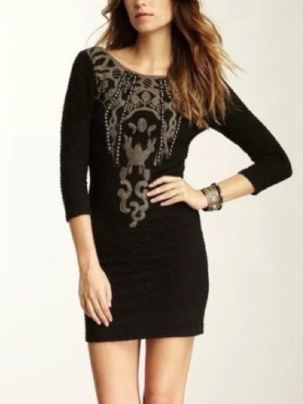 Free People Black Mini Dress with Gray Embellished Front Panel